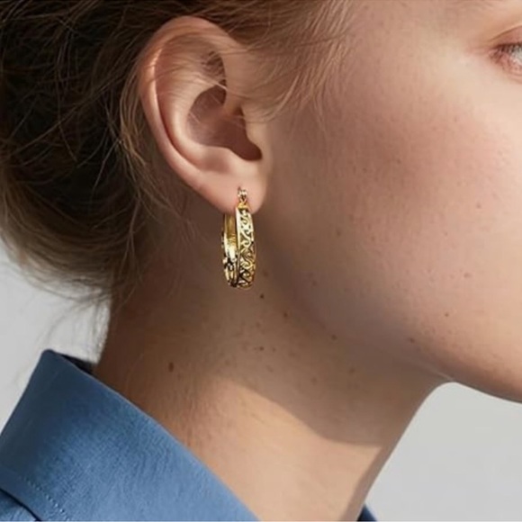 14K Gold Plated Gold Filigree Hoop Earrings for Women - Picture 3 of 3